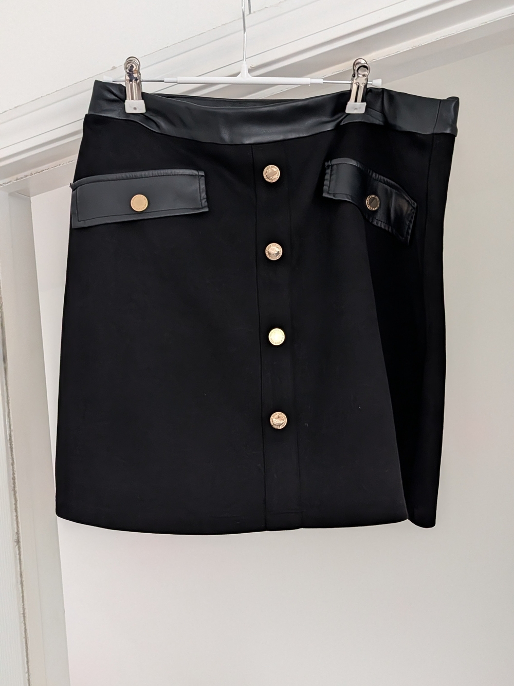 Marc New York Black Mini Skirt with Faux-Leather Trim & Gold Buttons